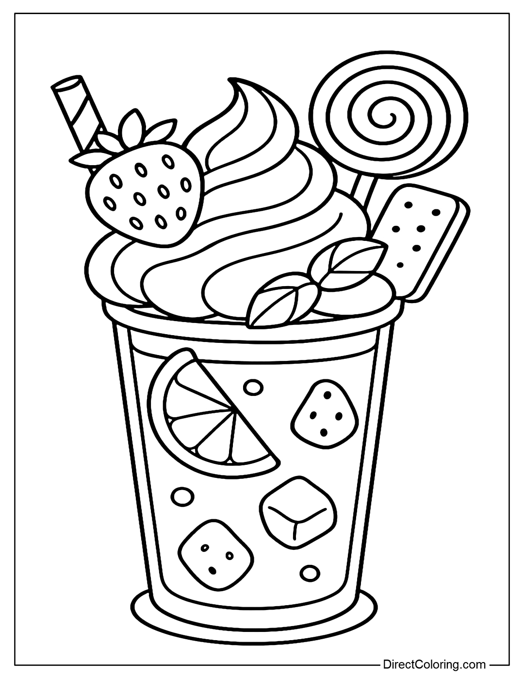 Large milkshake coloring page with whipped cream, cookies, strawberries, and lollipops decorated on top.